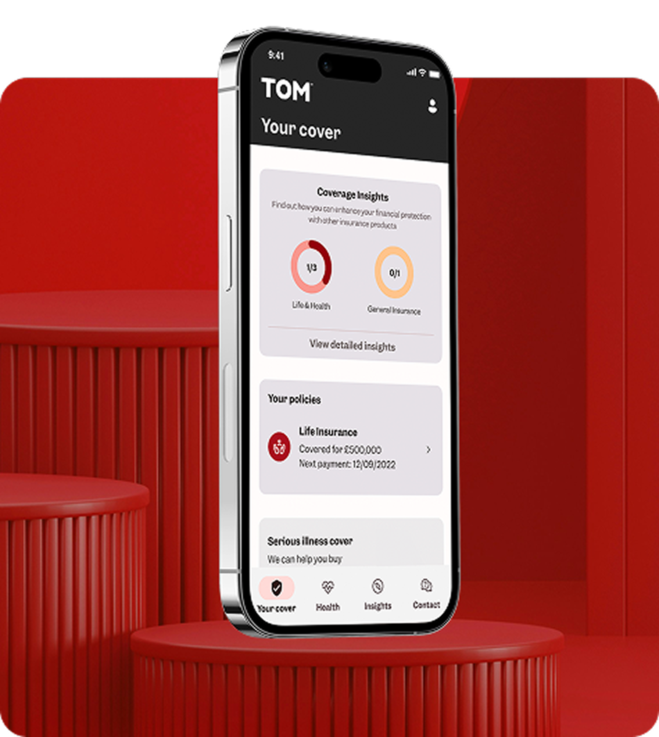 TOM app — red background product shot